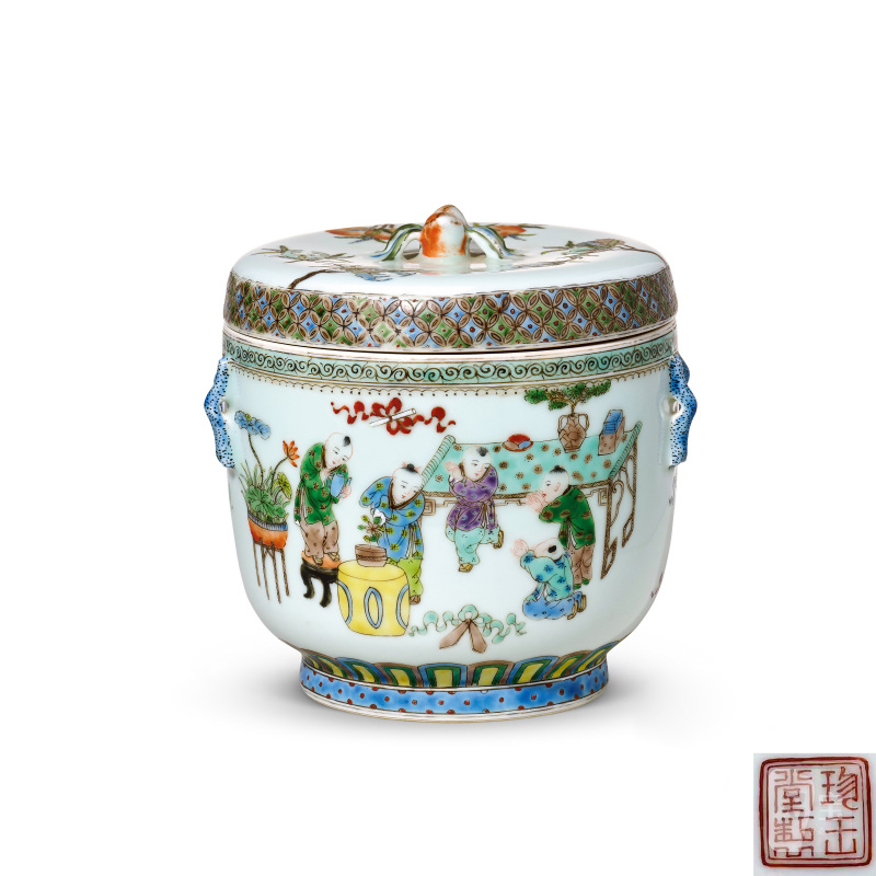 清道光 五彩婴戏图盖罐